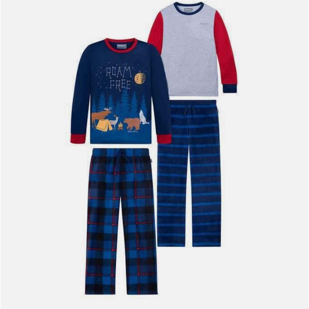 Eddie Bauer Pajama Tops/Bottoms 4pc Kid’s Sz M 10-12 Plaid & Animals Long Sleeve